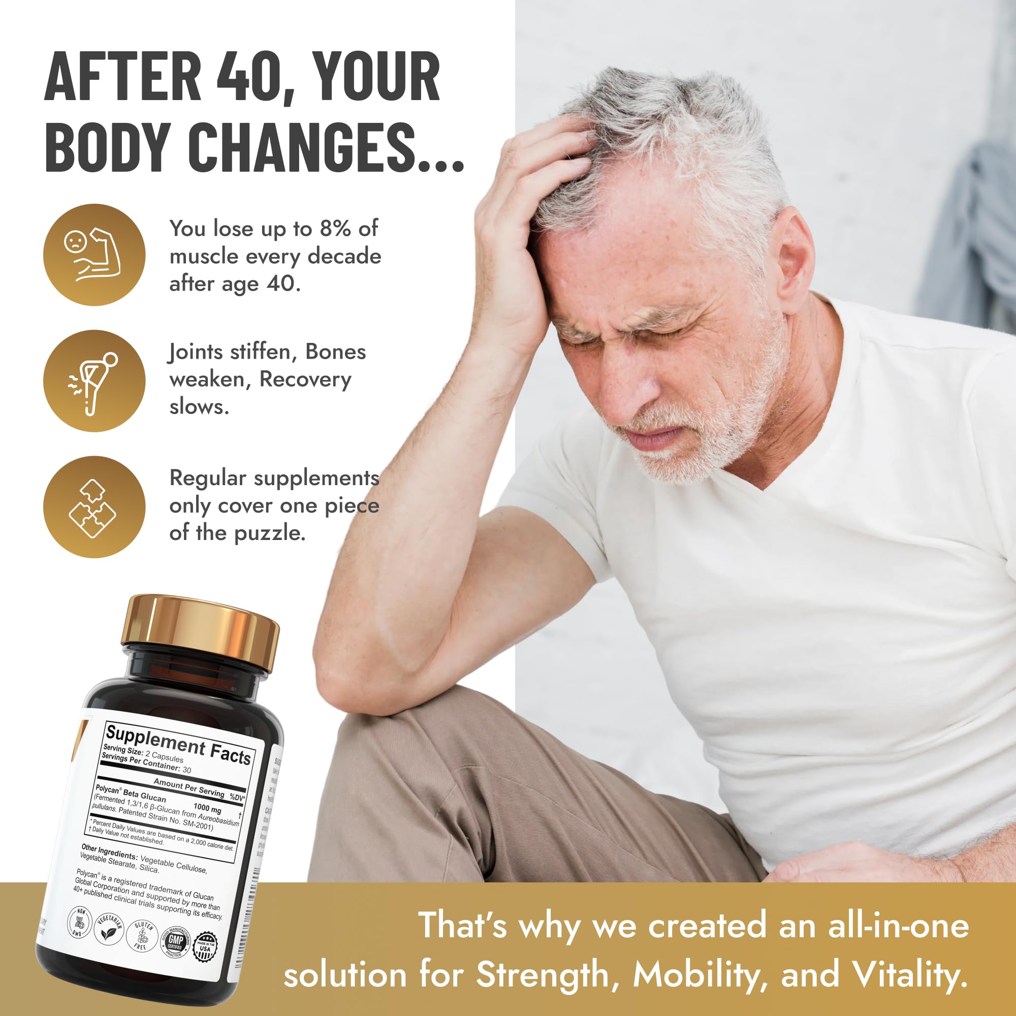 FortyPlus Muscle-Bone Advanced Support capsules close-up promotes muscle retention.