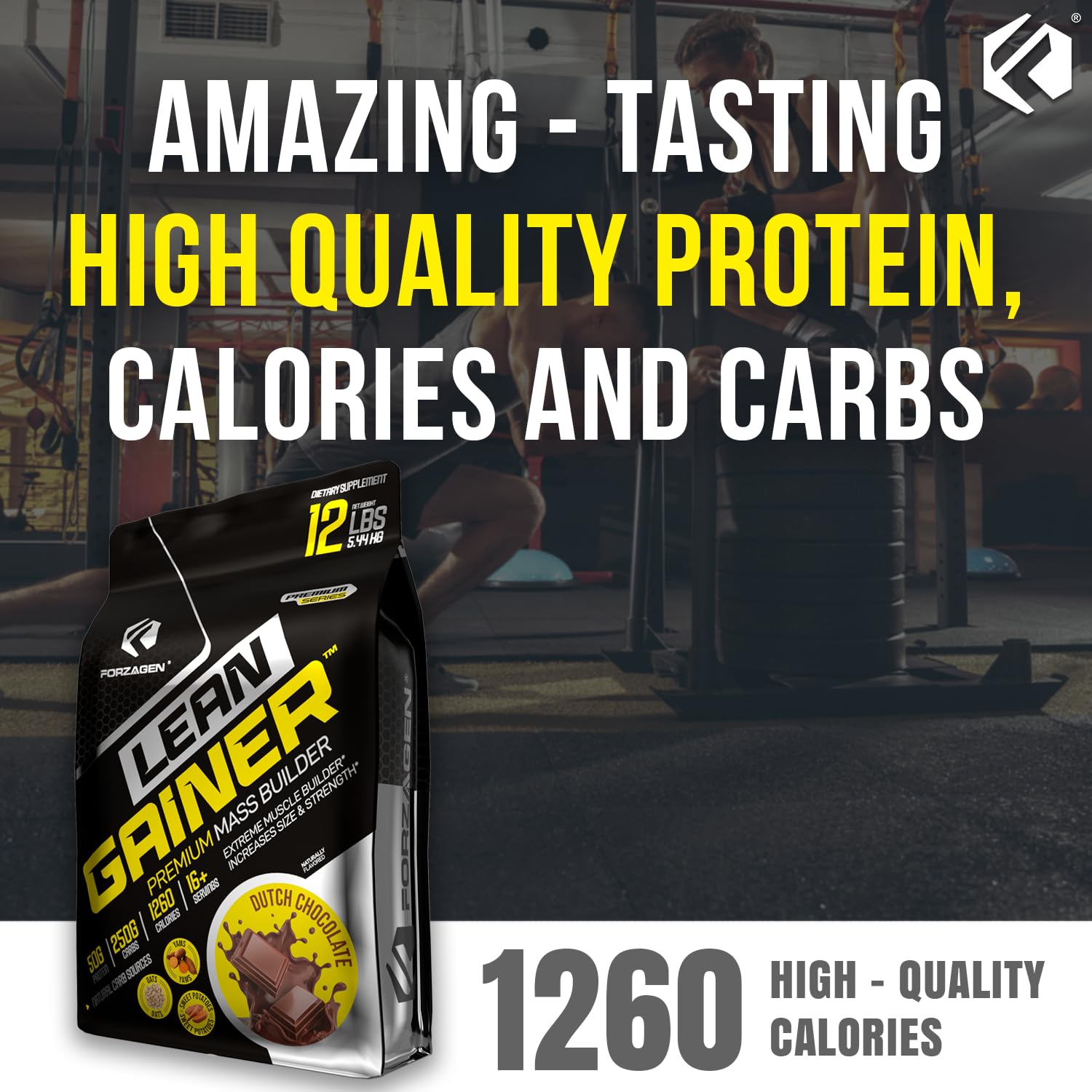 Nutrition label on Forzagen Lean Gainer emphasizing calories per serving.
