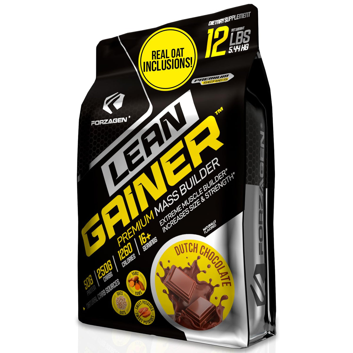 Forzagen Lean Gainer pack shot with Dutch Chocolate flavor and high-calorie formula.