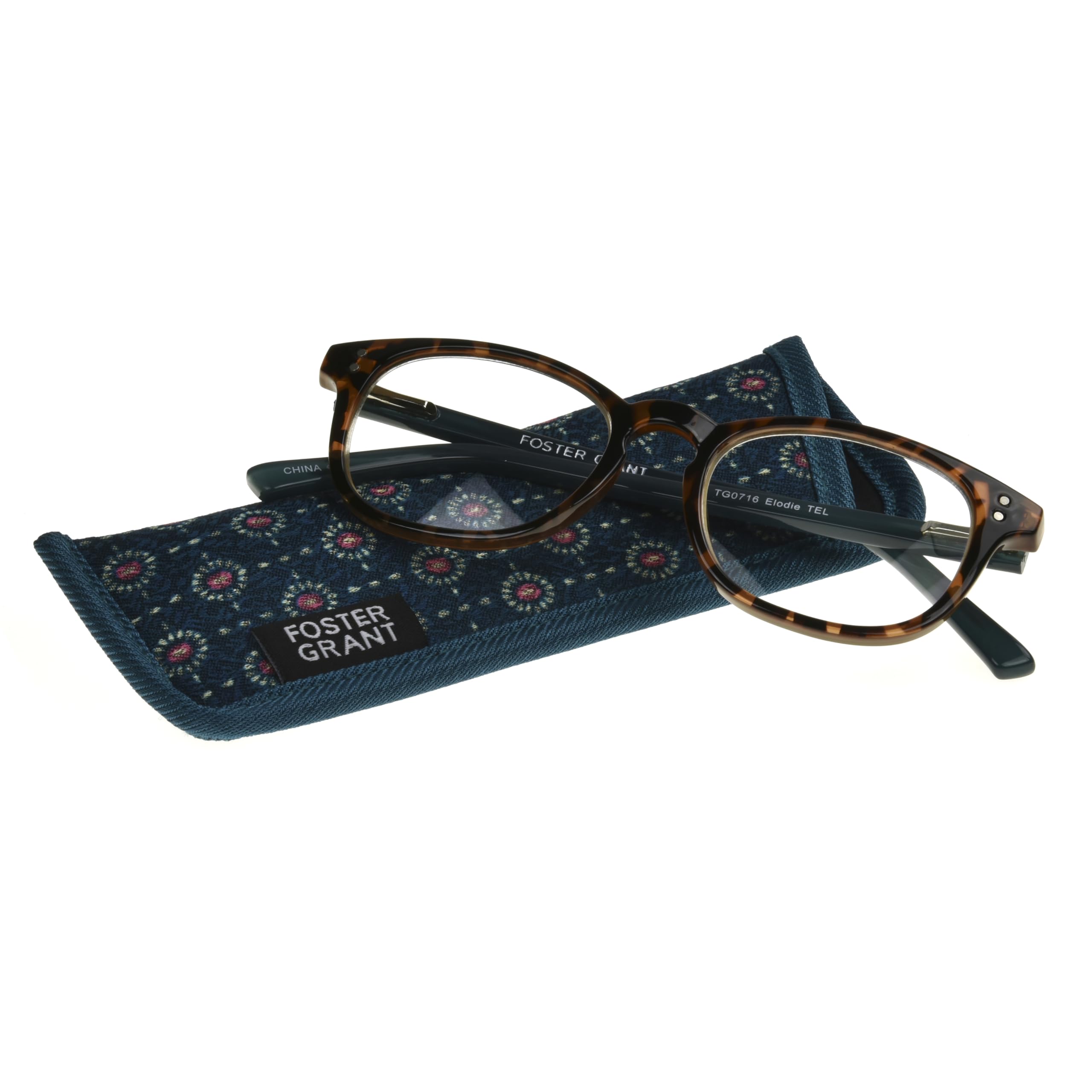 Foster Grant Elodie teal patterned case protects lenses and keeps glasses organized.