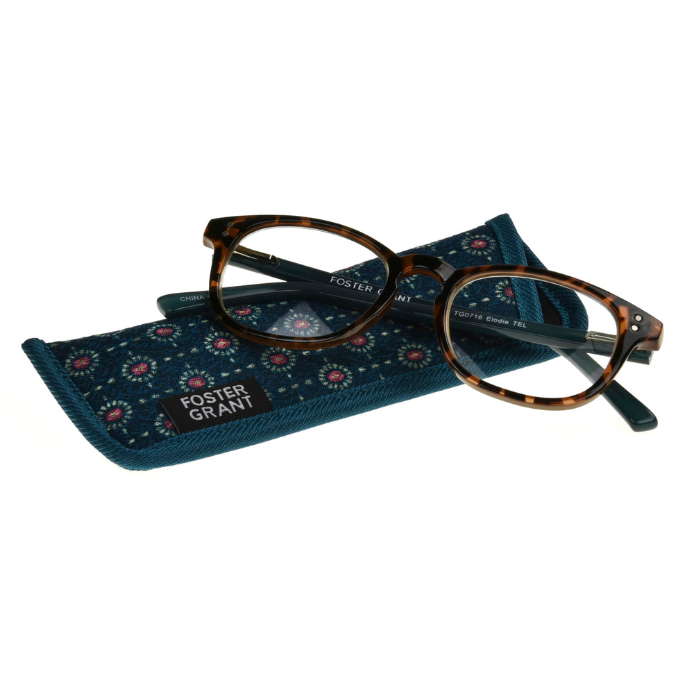Foster Grant Elodie teal patterned case protects lenses and keeps glasses organized.