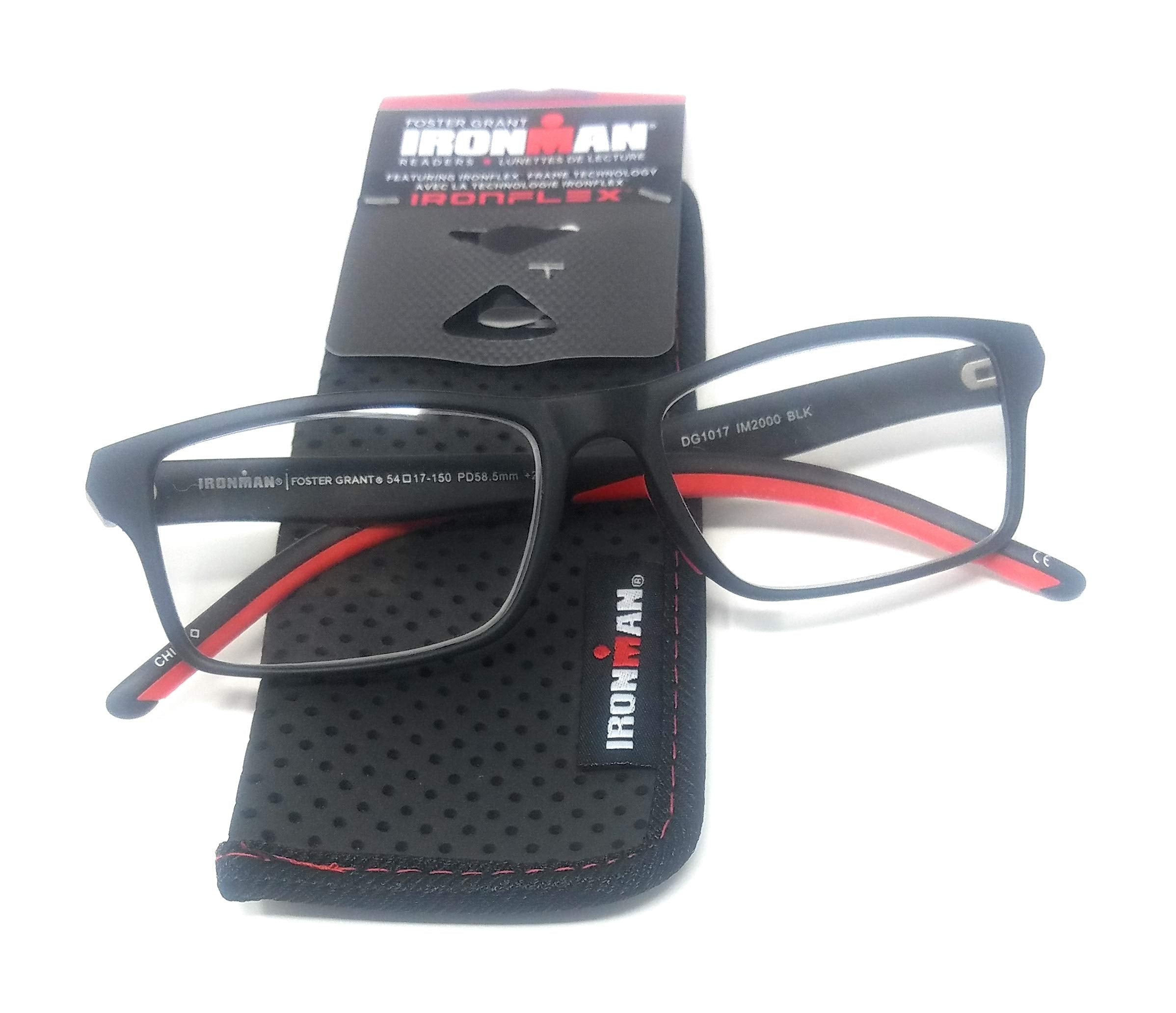 Foster Grant Ironman reading glasses front view in black and red for all day reading