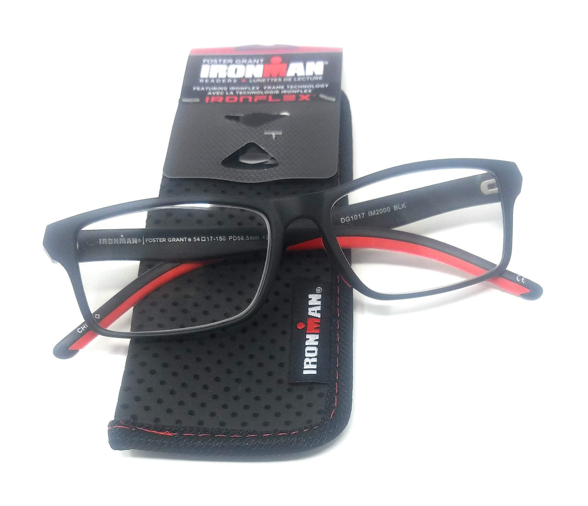 Foster Grant Ironman reading glasses front view in black and red for all day reading
