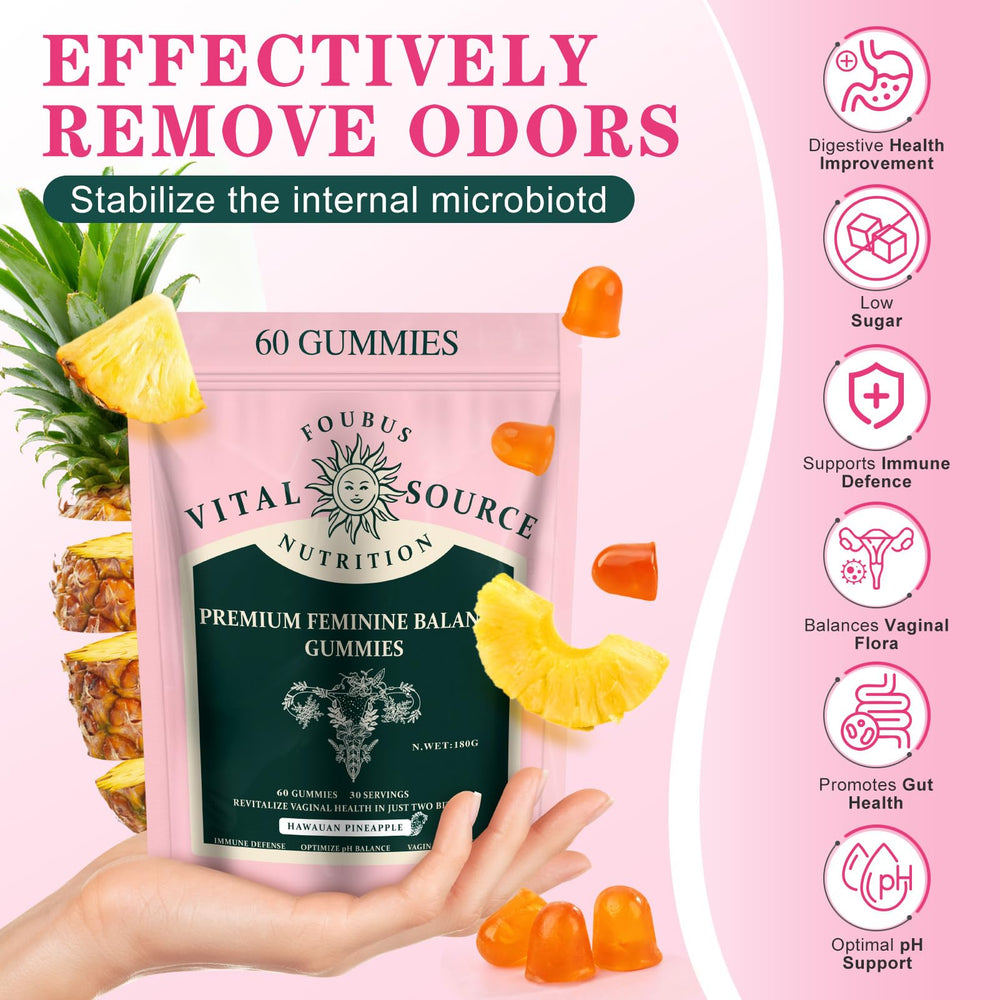 FOUBUS pineapple gummies closeup highlighting flavor and probiotic benefits.