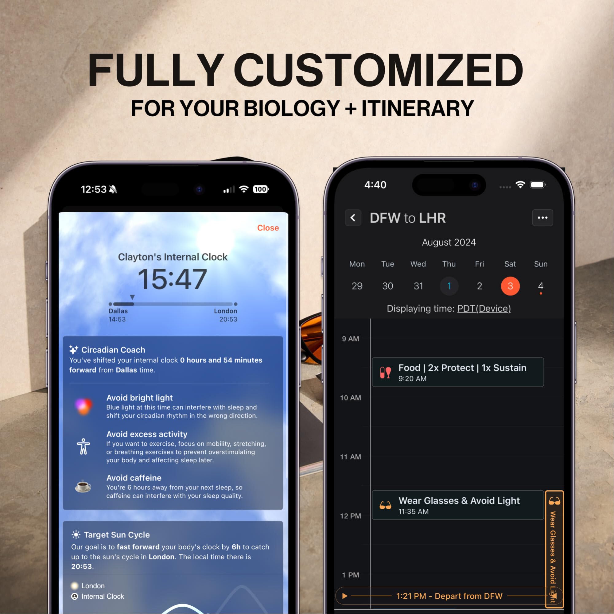 Flykitt app-guided schedule screen assists planning supplement timing.