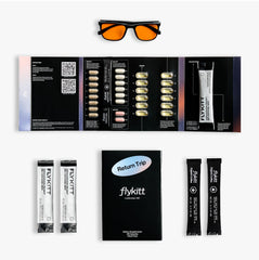 Flykitt jet lag kit packaging shows a complete travel solution for easier adaptation.