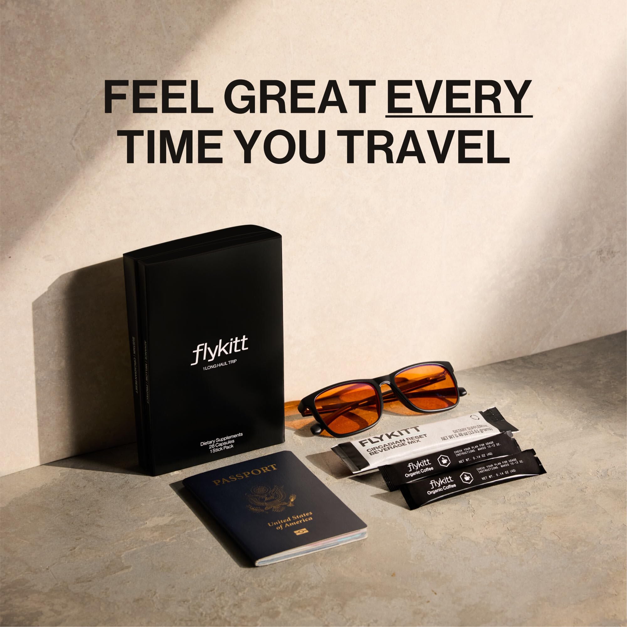 Flykitt supplement bottles arranged for a customizable daily travel regimen.