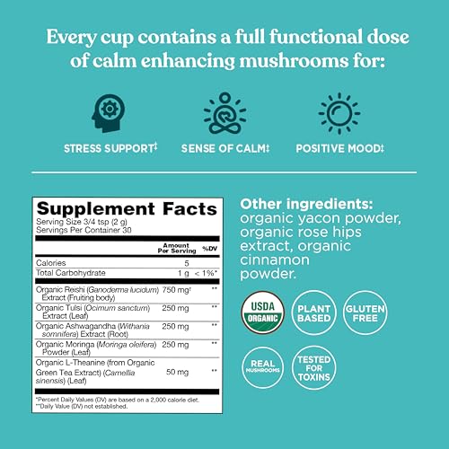 Four Sigmatic Calm Mushroom Blend powder dissolving into coffee for a soothing daily ritual.