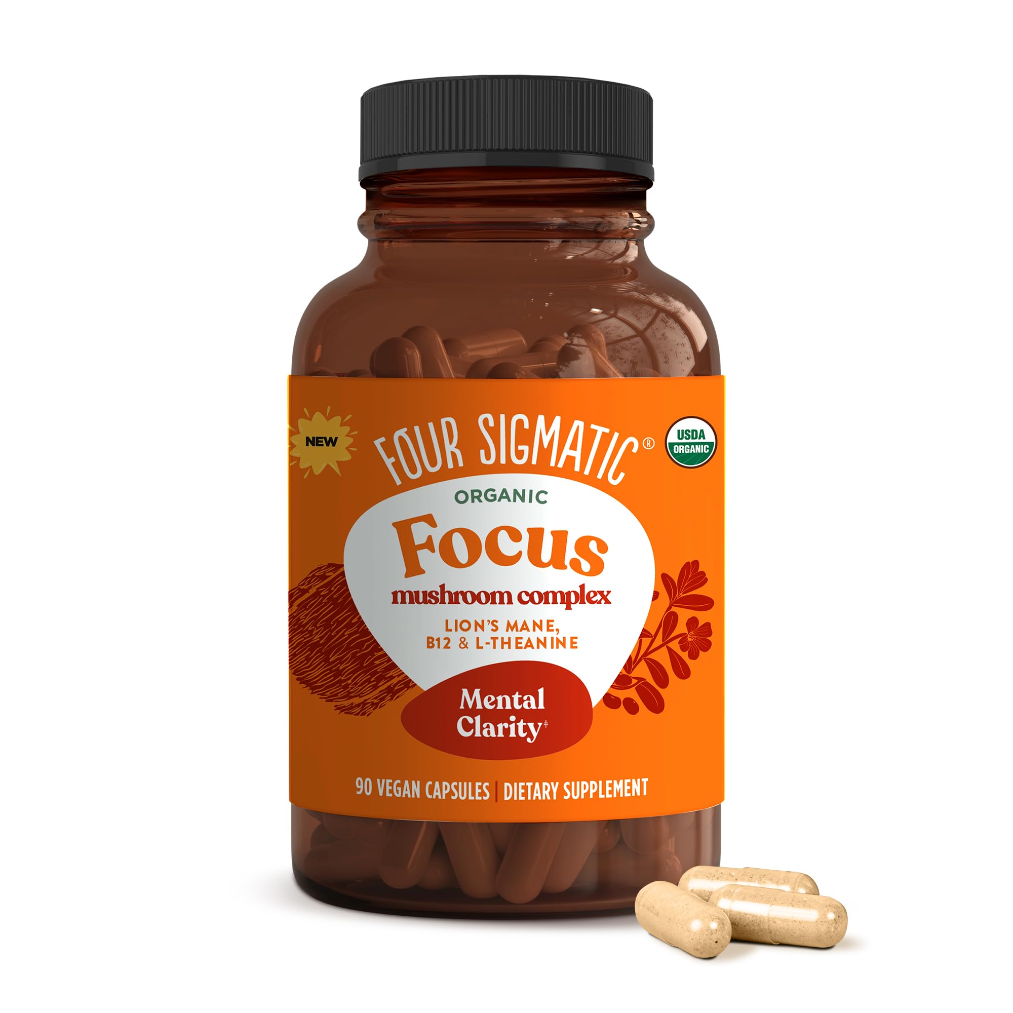 Four Sigmatic Focus Capsules bottle close-up highlighting mushroom-based cognitive support