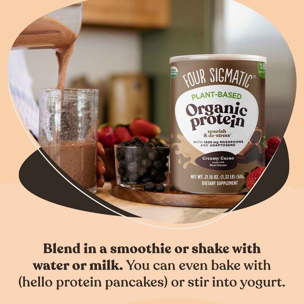 Four Sigmatic label close-up displaying organic ingredients and no artificial sweeteners