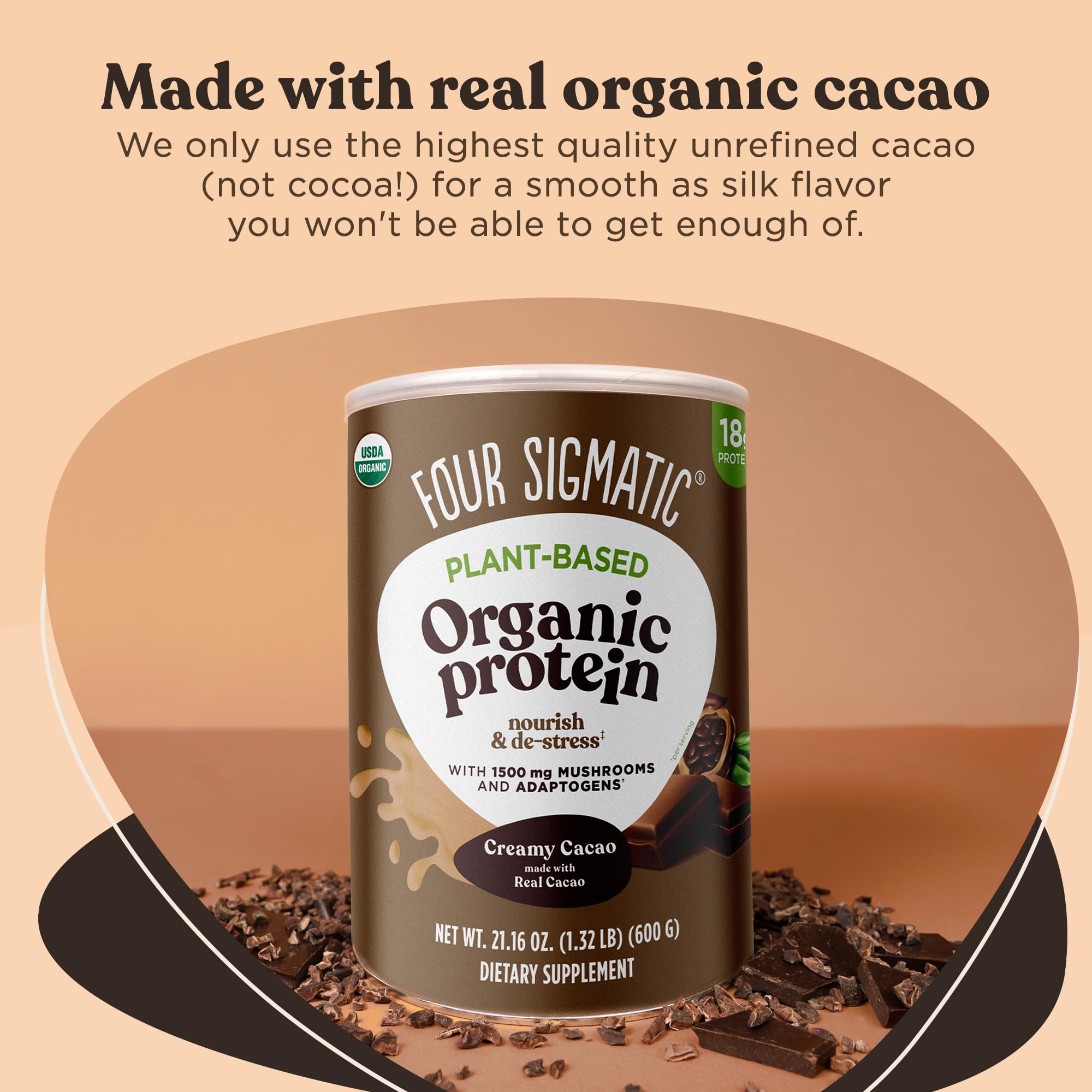 Four Sigmatic nutrition panel view highlighting protein blend and mushroom complex