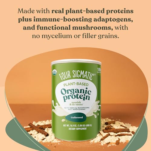 Creamy smoothie blended with Four Sigmatic protein powder and plant-based milk.