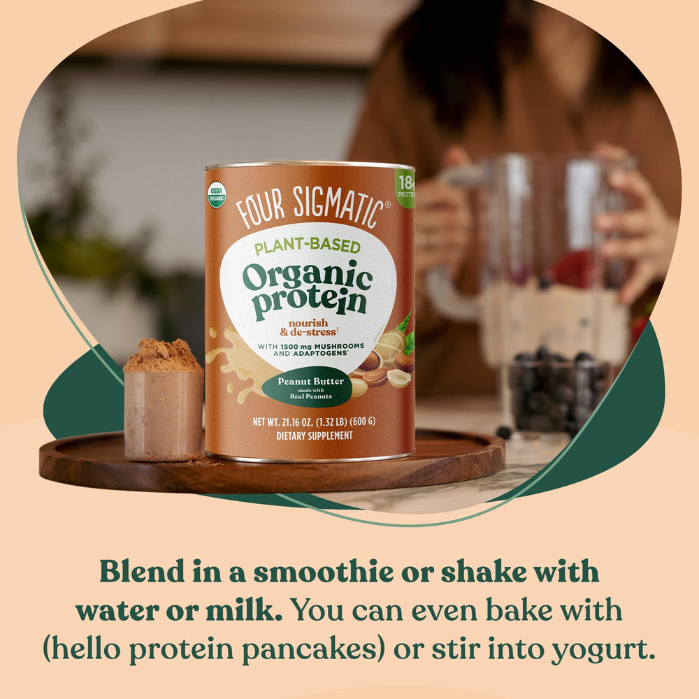 Four Sigmatic plant protein dry ingredients display with hemp and pea protein blend