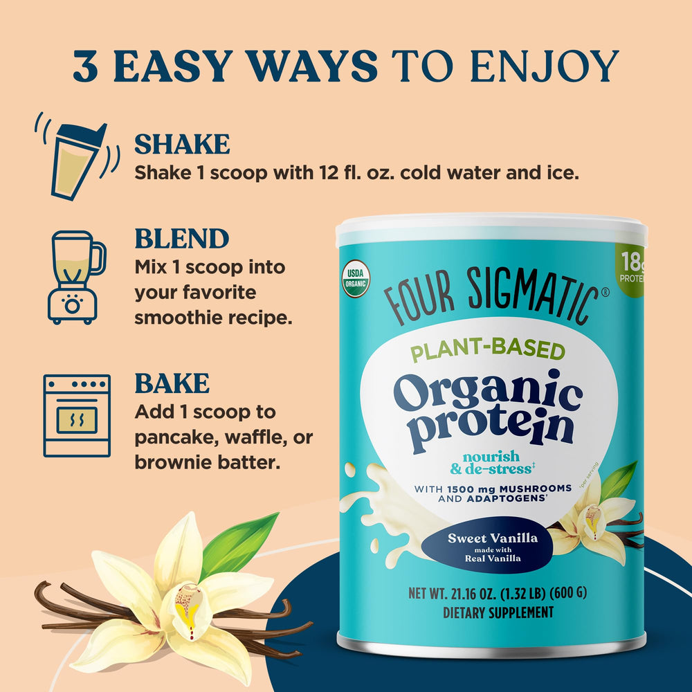 Four Sigmatic vanilla protein bottle delivering rich flavor for everyday workouts
