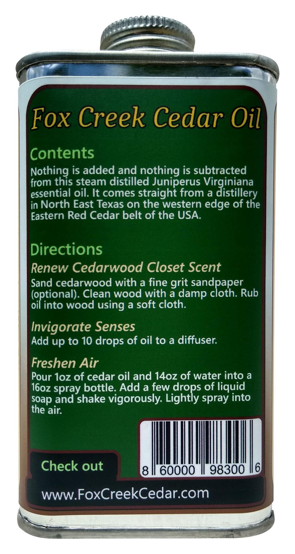 Fox Creek Naturals cedar oil bottle showing steam-distilled purity for authentic cedar aroma