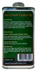 Fox Creek Naturals cedar oil bottle showing steam-distilled purity for authentic cedar aroma