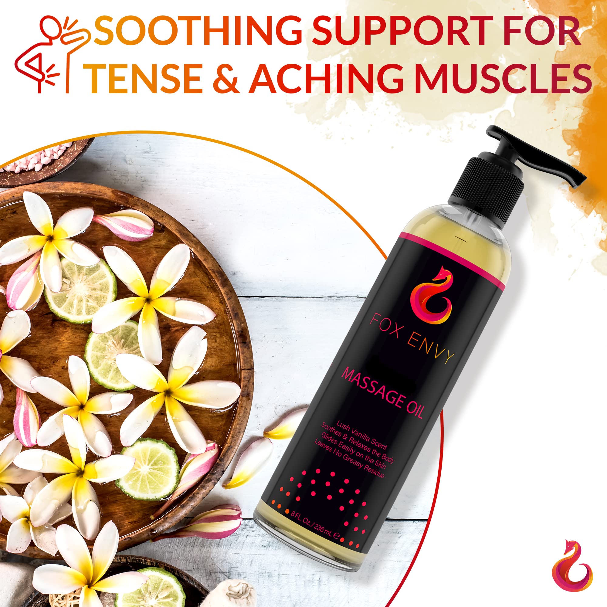 Fox Envy Body Massage Oil hydrates dry skin, leaving it soft and supple