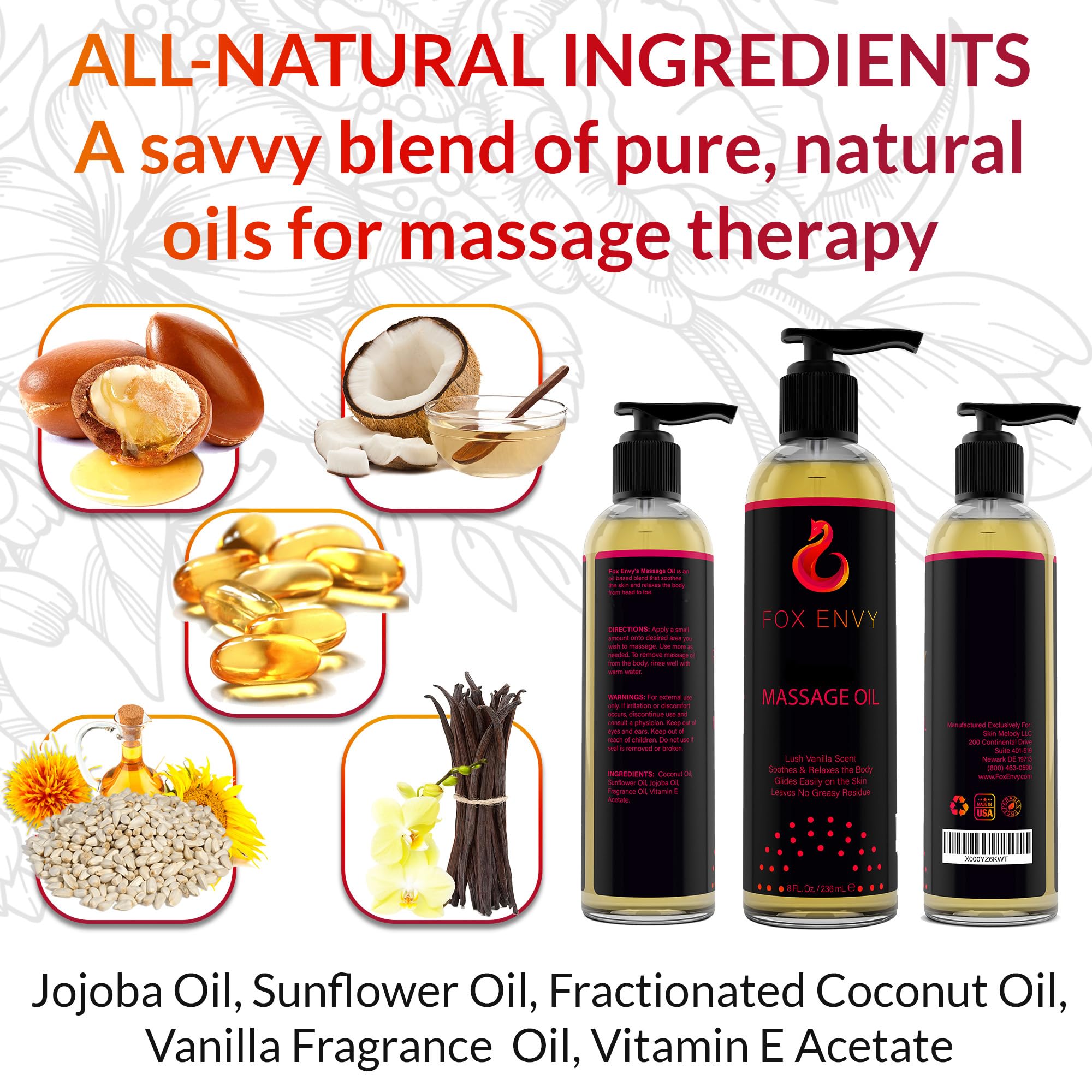 Fox Envy Body Massage Oil vanilla with jojoba and coconut hydrates skin during massage