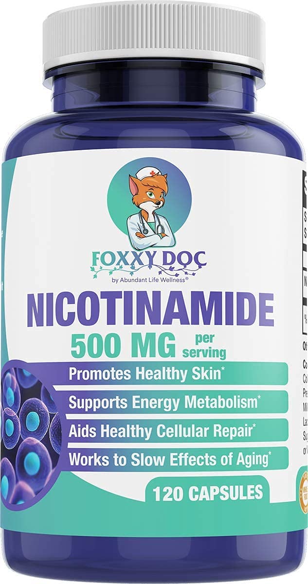 Dr. Valerie Nelson Foxxy Doc Nicotinamide 500mg bottle with label showing product purpose