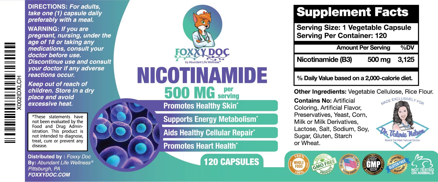 USA made Foxxy Doc Nicotinamide 500mg badge emphasizes quality