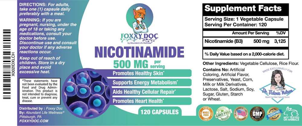 USA made Foxxy Doc Nicotinamide 500mg badge emphasizes quality