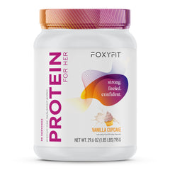 FoxyFit Protein for Her bottle closeup highlights premium formula for sustained energy.
