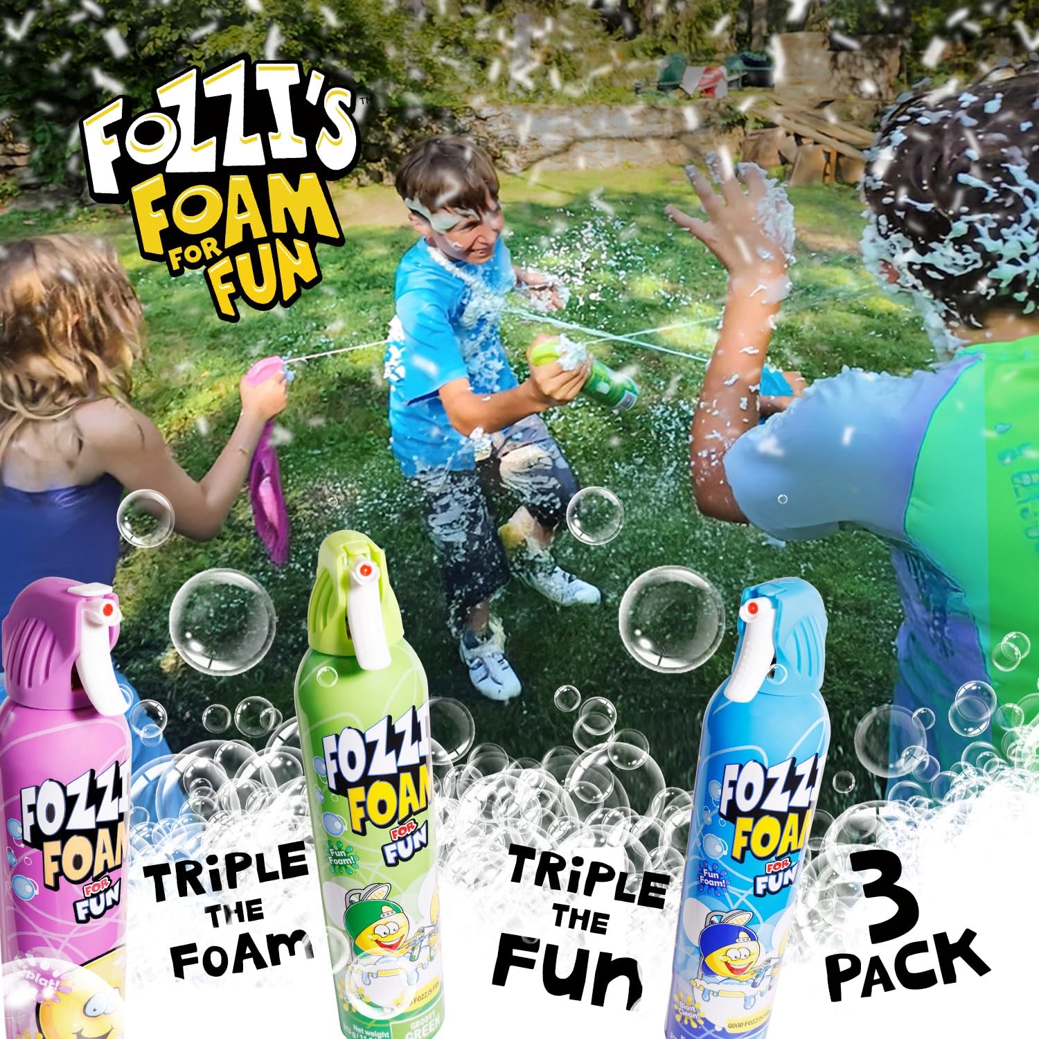 FOZZI'S spray trigger close-up shows easy-to-use foam bursts for play.