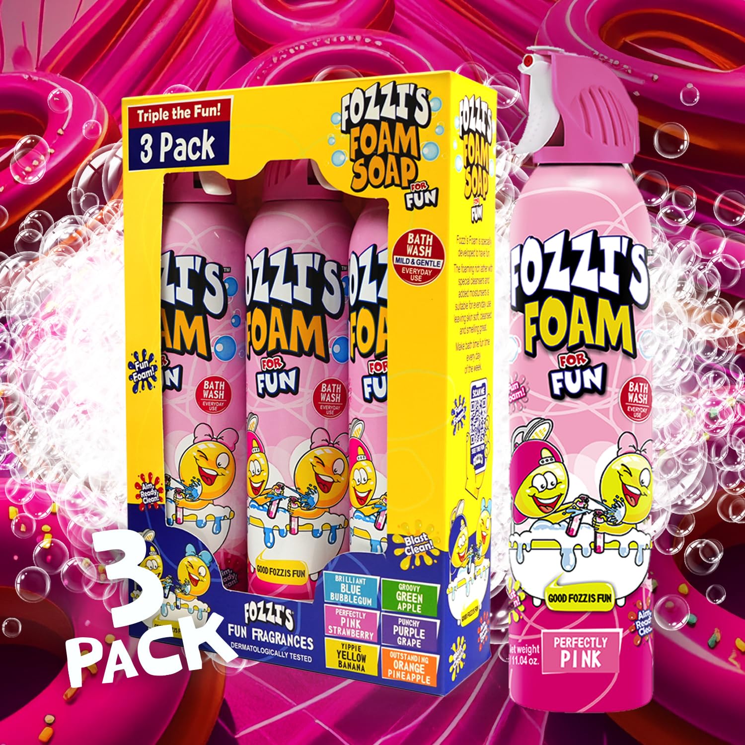 FOZZI'S Perfectly Pink paraben-dye-free foam supports gentle cleansing.