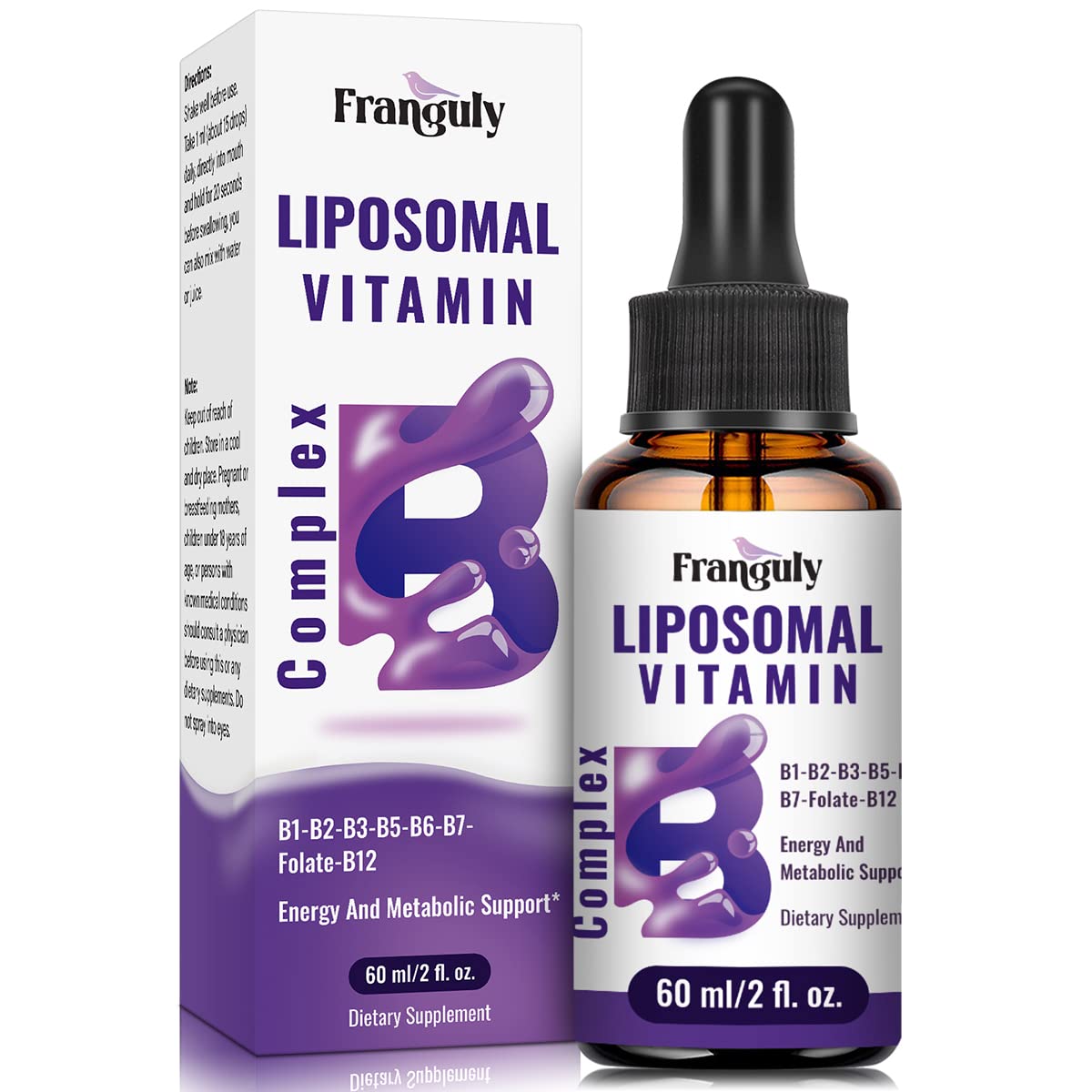 Franguly Liposomal Vitamin B Complex liquid bottle with pour for easy daily use