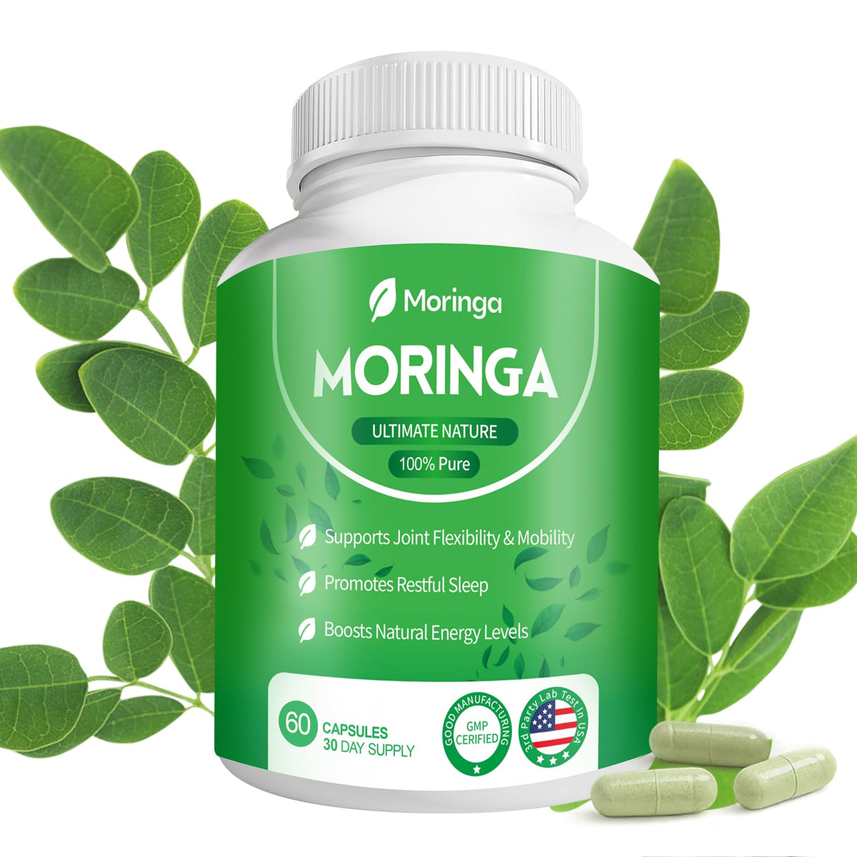 Fravonique Moringa capsules bottle label showing vibrant green packaging for daily wellness.