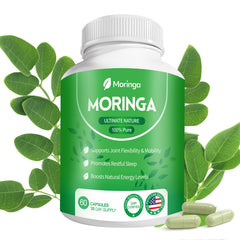 Fravonique Moringa capsules bottle label showing vibrant green packaging for daily wellness.