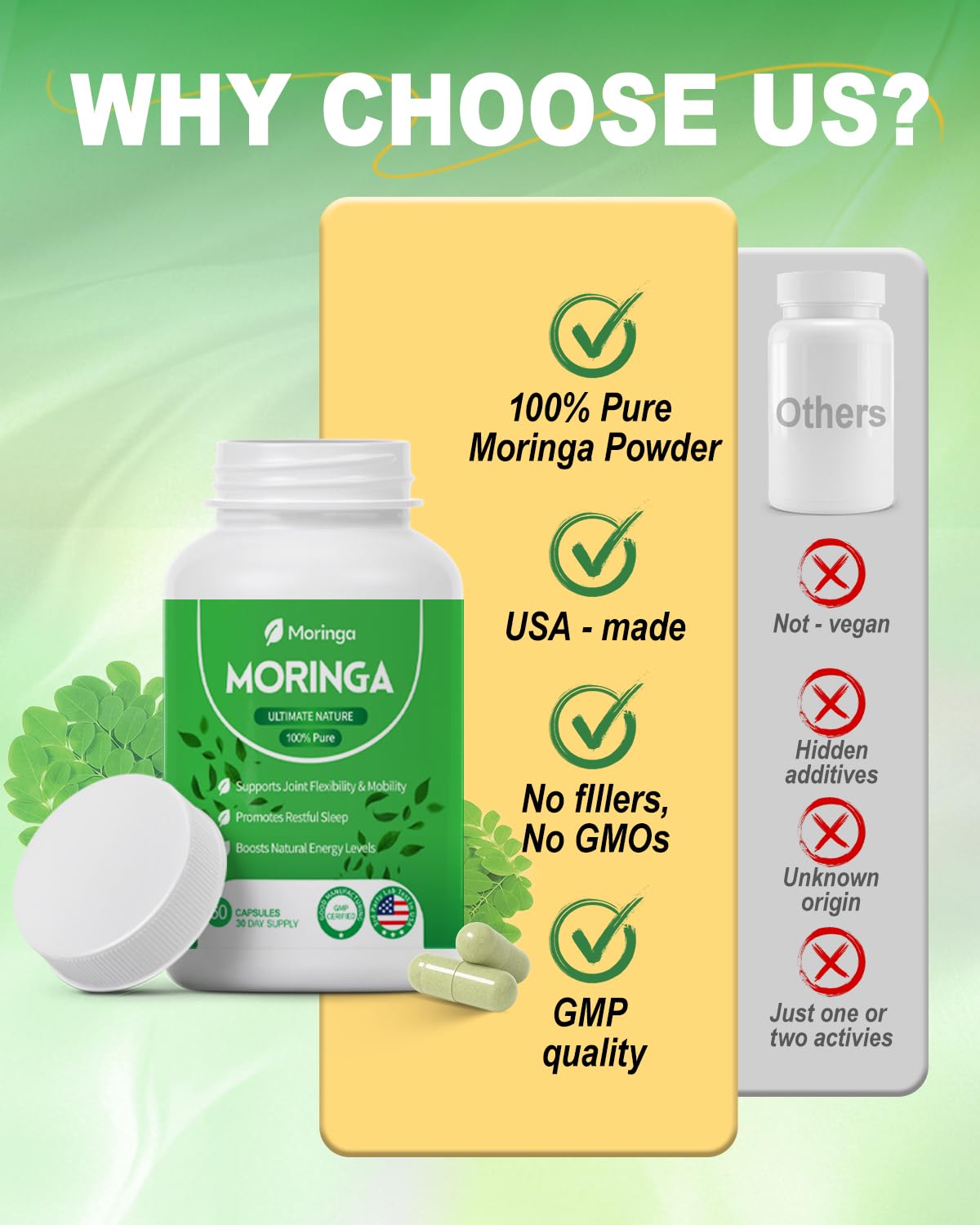 Fravonique Moringa glass with water for quick, easy intake.