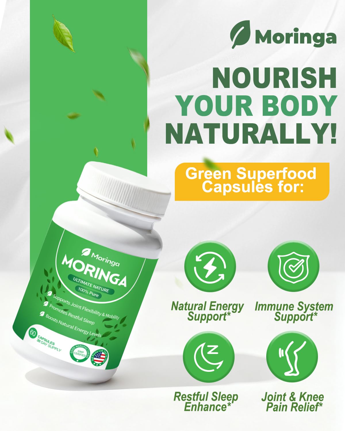 Fravonique Moringa leaf powder closeup highlights natural green pigment and leaf richness.
