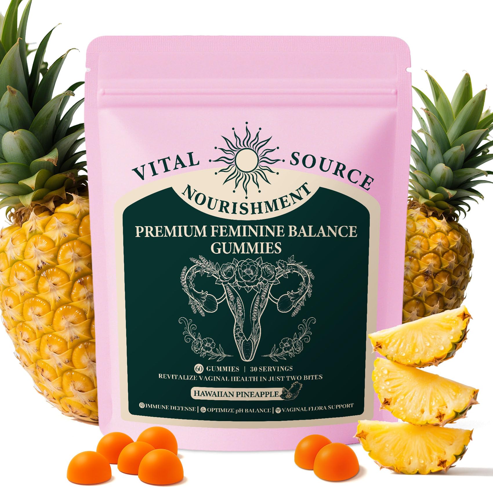 Fravonique Probiotic Gummies for Women bottle closeup promoting balanced feminine wellness