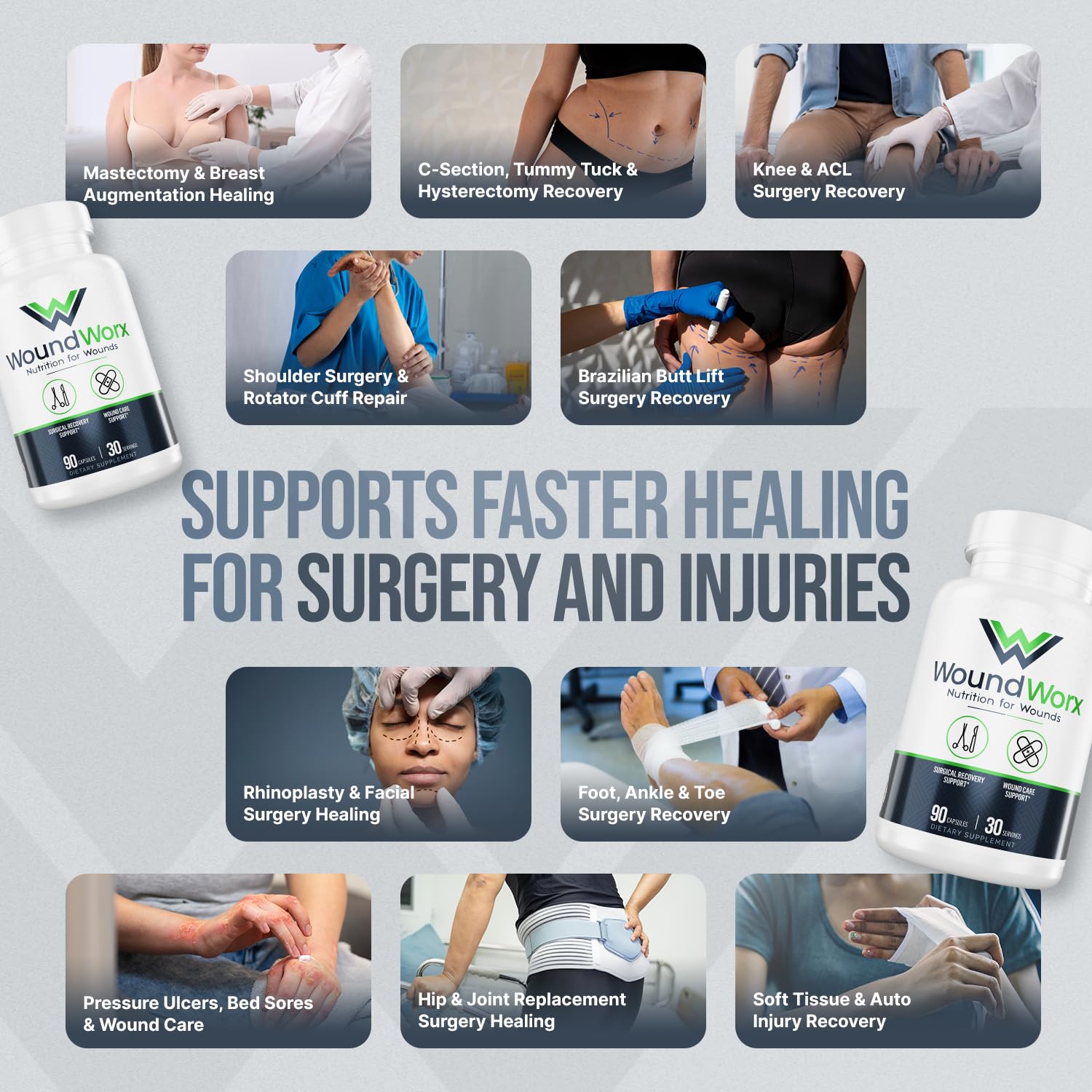 Free Life Labs WoundWorx capsules closeup highlights vitamin-rich blend for recovery support.