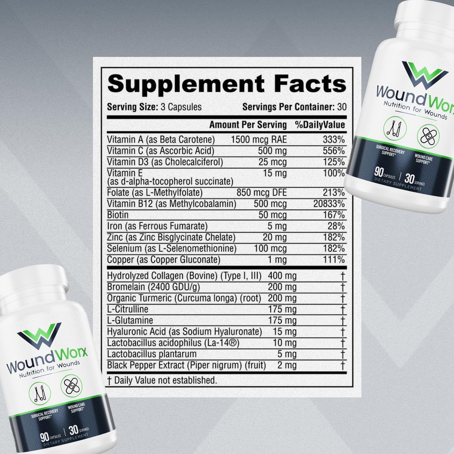 Free Life Labs WoundWorx label detailed shows GMP quality and US manufacturing commitment.