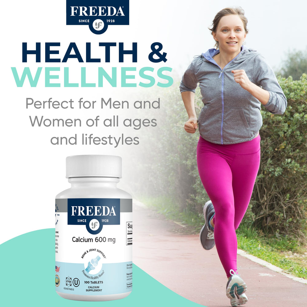 Kosher and vegan certified Freeda Calcium 600 mg product highlighting dietary compatibility