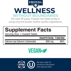 Freeda Calcium bottle shown with third-party tested badge signaling quality