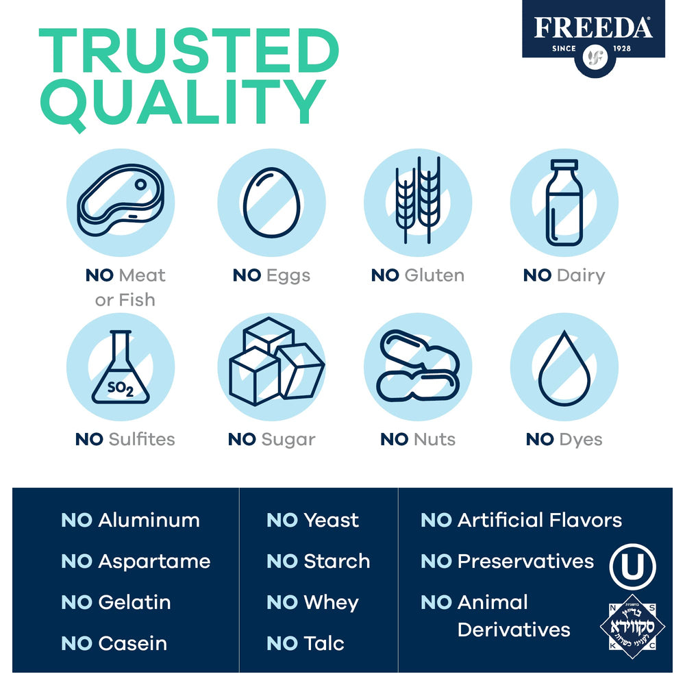 Kosher-certified Freeda Calcium Citrate packaging with clean ingredients