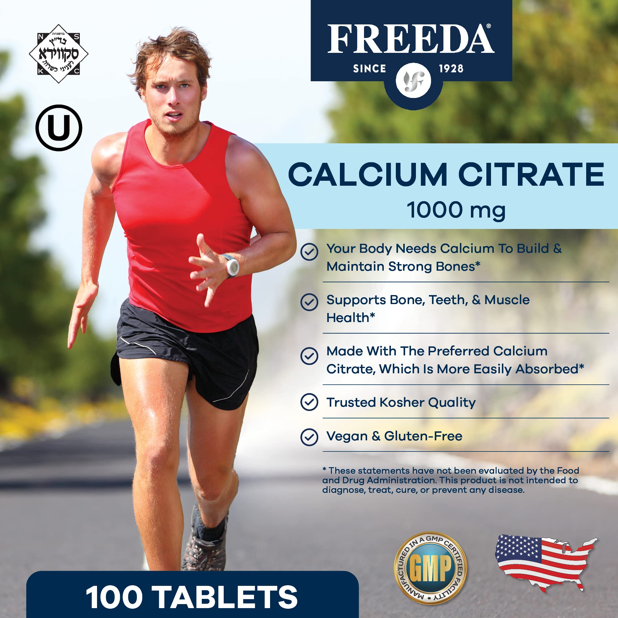Freeda Calcium Citrate tablets closeup highlighting coated, easy-to-swallow tablets