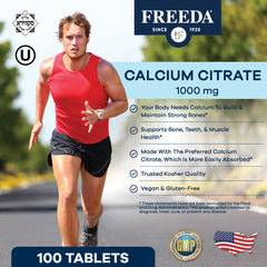 Close-up of Freeda Calcium Citrate tablets with smooth coating for easy swallowing