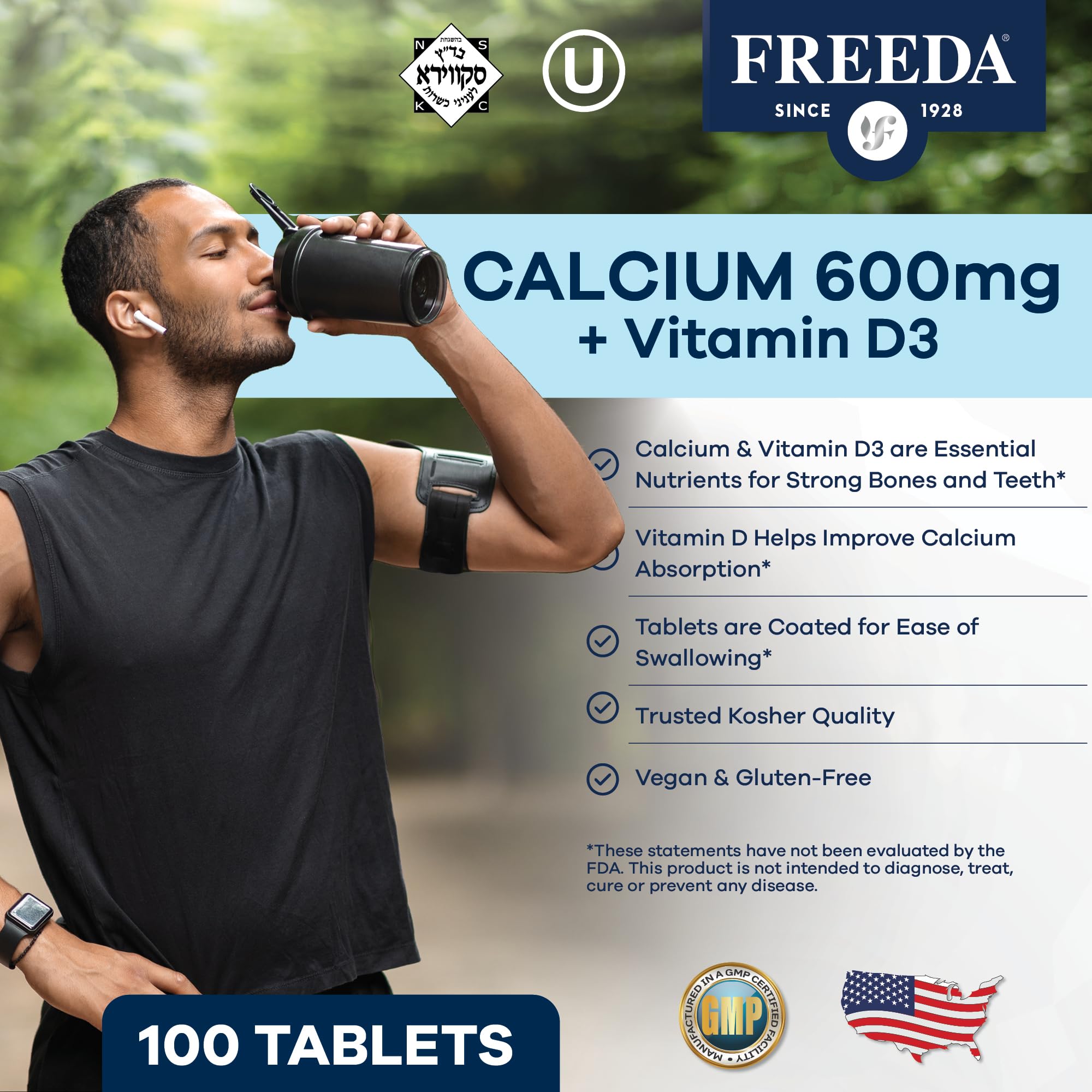 FREEDA Vitamin D3 400 IU tablet paired with calcium to enhance absorption.