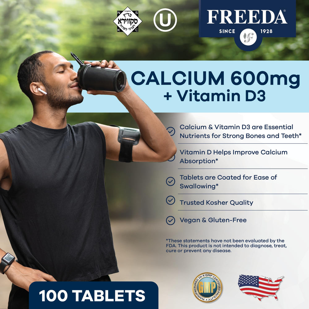 FREEDA Vitamin D3 400 IU tablet paired with calcium to enhance absorption.