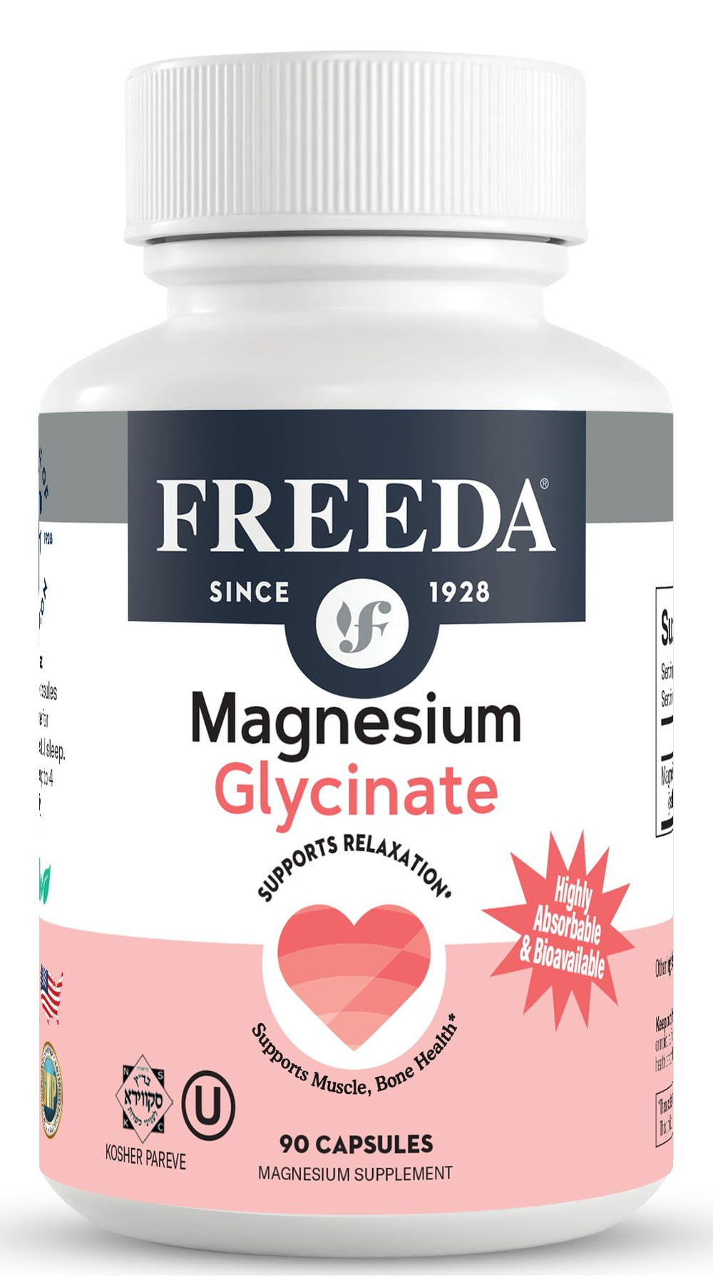 Freeda Magnesium Glycinate bottle image showing easy-to-take capsules for relaxation.