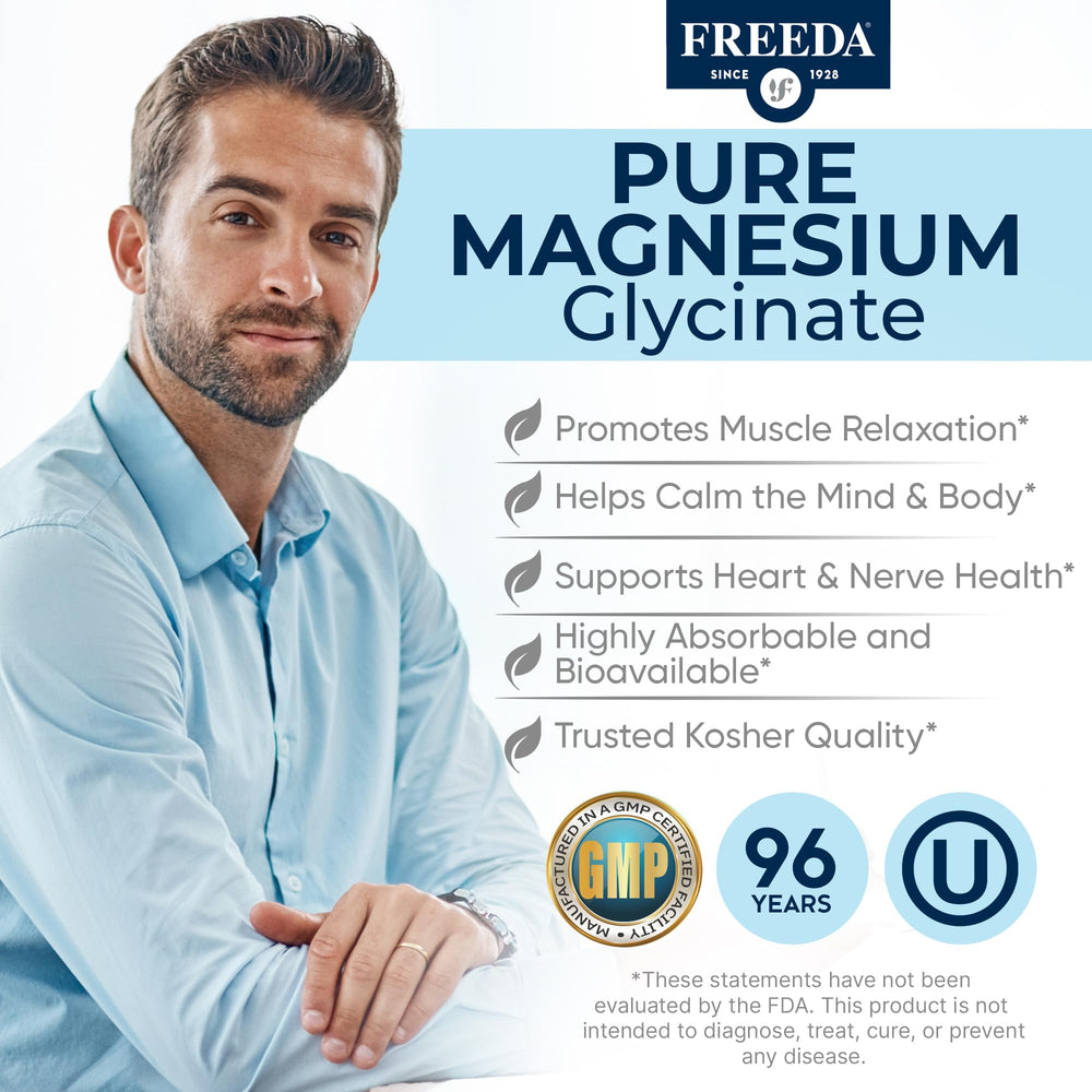 Freeda Magnesium Glycinate capsules closeup highlighting smooth coating for gentle digestion.