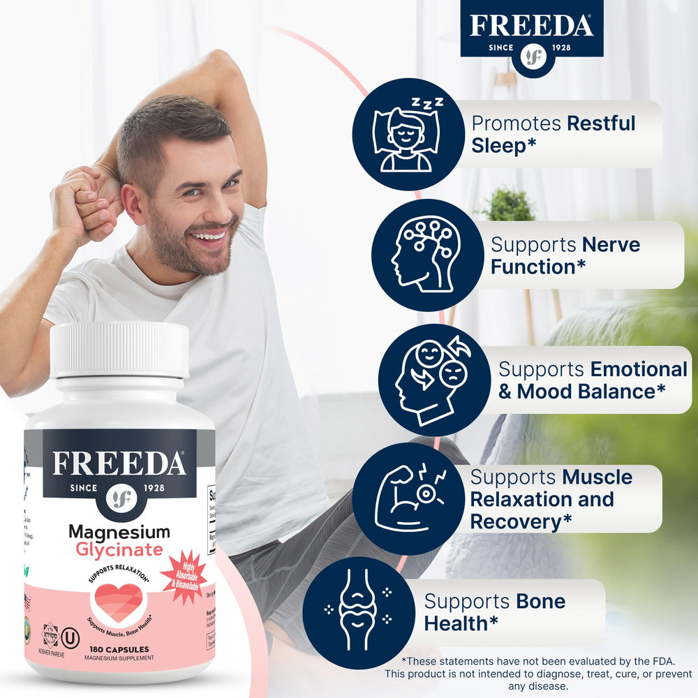 Freeda Magnesium Glycinate label detail emphasizing a clean, oxide-free formula.