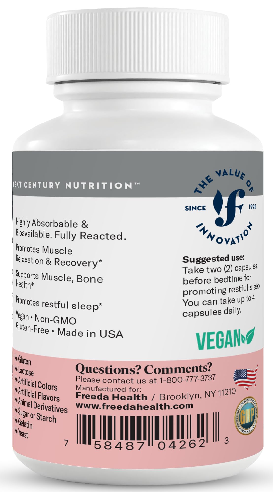 Freeda Magnesium Glycinate made-in-USA badge signaling quality and trust.