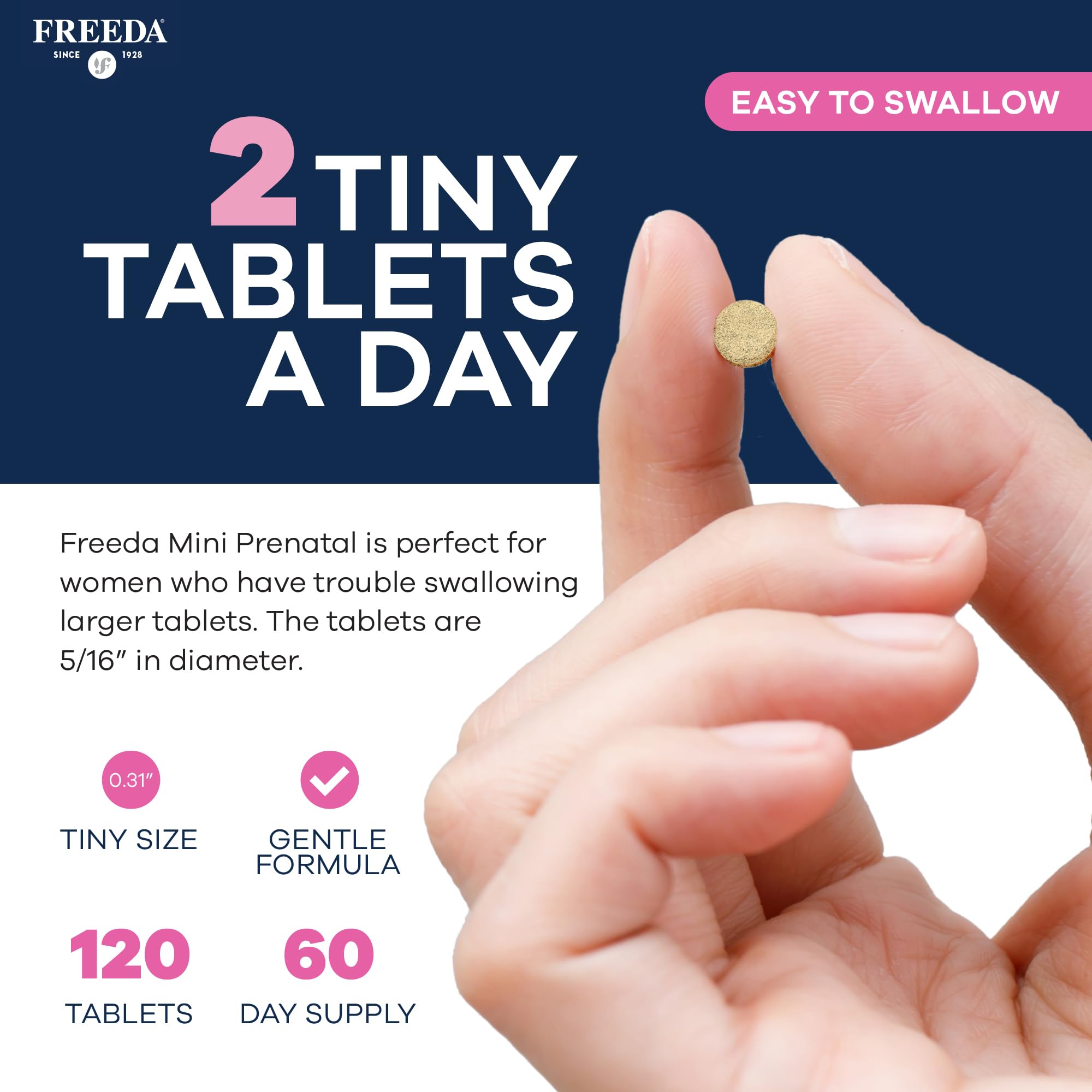 FREEDA Mini Prenatal kosher logo emphasizes kosher-certified prenatal vitamins.