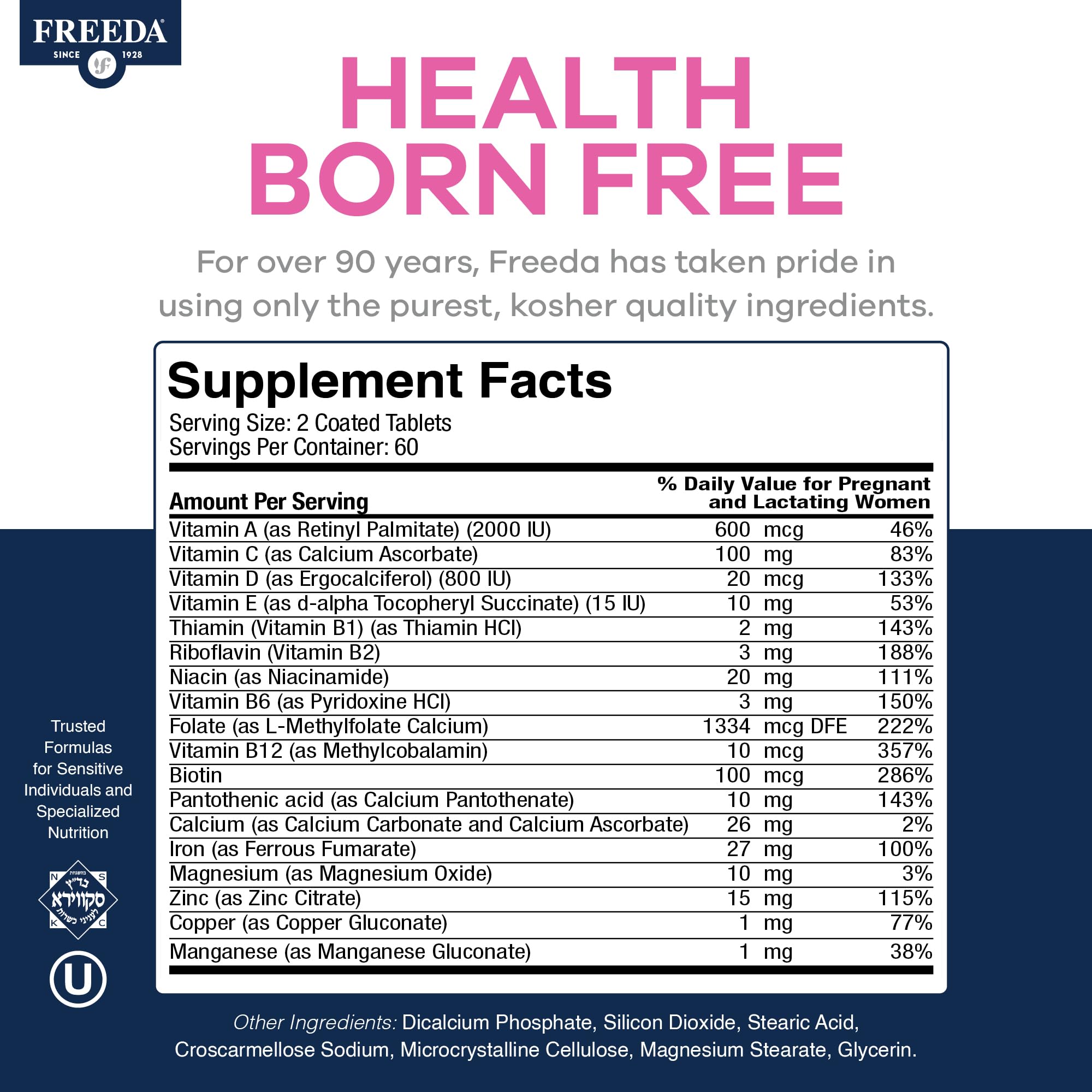FREEDA Mini Prenatal nutrition facts panel demonstrates iron and folic acid support.