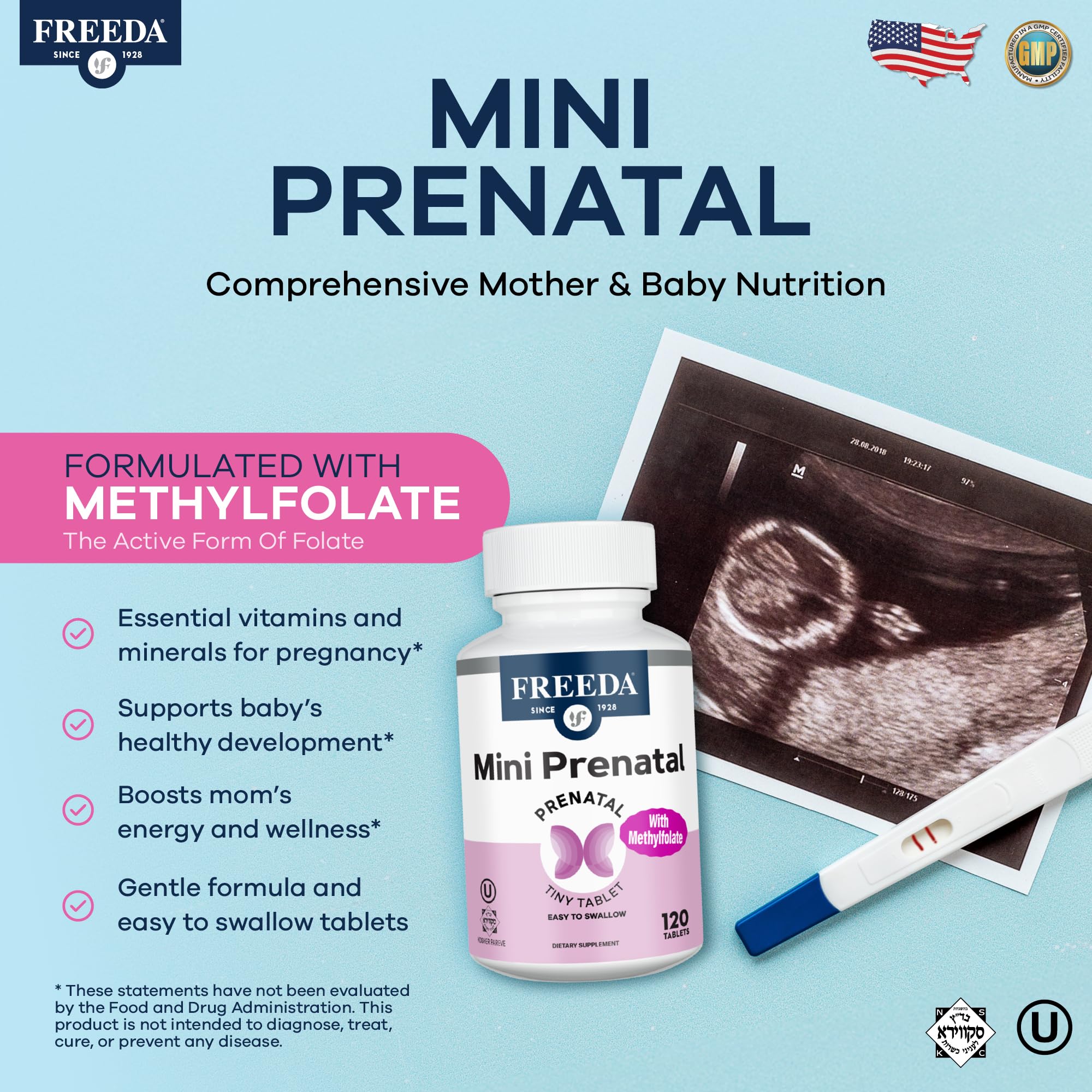 FREEDA Mini Prenatal tablets closeup shows tiny, easy-swallow design for daily support.